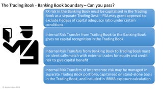 The	Trading	Book	- Banking	Book	boundary	– Can	you	pass?
©	Morten	Weis	2016
FX	risk	in	the	Banking	Book	must	be	capitalised	in	the	Trading	
Book	as	a	separate	Trading	Desk	– FSA	may	grant	approval	to	
exclude hedges	of	capital	adequacy	ratio	under	certain	
conditions		
Internal	Risk	Transfer	from	Trading	Book	to	the	Banking	Book	
gives no	capital	recognition	in	the	Trading	Book
Internal Risk	Transfers	from	Banking	Book	to	Trading	Book	must	
be	identically	match	with	external	trades	for	equity	and	credit	
risk	to	give	capital	benefit
Internal	Risk	Transfers	of	interest	rate	risk	may	be	managed	in	
separate	Trading	Book	portfolio,	capitalised	on	stand-alone	basis
in	the	Trading	Book,	and	included	in	IRRBB	exposure	calculation
 