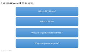 Questions	we	seek	to	answer:
©	Morten	Weis	2016
Why	is	FRTB	here?
What	is	FRTB?
Why	are	large	banks	concerned?
Why	start	preparing	now?
 