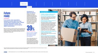 Acceleration of
digital foundations
Supply chain leaders are
investing in core digital
capabilities that advance the
maturity of the planning team
and set the foundations for
long-term success (e.g., data
and analytics supported by AI
and ML, solutions to manage
warehousing, transportation,
and logistics, and leveraging
automation to improve
workforce outcomes).
There is little debate about the
value of digital investment.
For example, 94 percent of our
survey respondents are optimistic
that digital twins will add value in
supply chain planning by making
supply simulations easier to run.
Future
ready
In our survey, many respondents
expressed concerns about how they
should address emerging issues of global
warming, geopolitical cooling, new
regulatory demands, and the need for
digital transformation.
Many are focused on creating operating model capabilities that
set them up for longer-term success. Leading organizations are
already investing in future readiness through the acceleration
of digital foundations, understanding technology trends, and
automating to unlock value.
4
Gartner Press Release, Gartner Reveals theTop Supply ChainTrends for 2023, May 2023. GARTNER is a registered trademark and service mark of Gartner Inc. and/or its
affiliates in the US and internationally and is used herein with permission. All rights reserved.
Establish a strategy to rapidly automate
your manual supply chain activities.
Fast-track data management capabilities.
Work toward a single view of the customer
and stronger synergies between the front,
middle, and back-office.
Align technology initiatives to make sure
the full investment is realized.
According to Gartner, the last three years of
uncertainty have blurred the lines between
business and technology strategies to the
point that they must be considered together4
.
To avoid significant value loss, merging
strategic, disruptive, and unavoidable
technologies can help to mitigate
underperformance, (e.g., merging digital
supply chain and control tower initiatives).
Develop a roadmap for both emerging and
mature technology solutions.
Digitize manual tasks to become more agile
and responsive.
Advance supply chain risk management.
Allow your supply chain risk management
function to support continuous supply chain
monitoring that uses control towers, planning
systems, supply chain risk management
tools, AI-driven predictive analytics and
advanced track and trace systems to create
visibility and highlight where the organization
has gaps to guide future investment.
How to get there
plan to invest in digital
technology to bolster
their data synthesis
and analysis
39%
© 2023 Copyright owned by one or more of the KPMG International entities. KPMG International entities provide no services to clients. All rights reserved.
12
The future of supply chain
Current context
Future ready
Foreword Executive summary
Sustainable
supply chains
Advanced
robotics and
automation
Workforce of
the future
Distributed ledger
technologies and
digital money
Sectoral
transformations
Metaverse Conclusion Contacts
Survival and resilience
Current context Macro mandates Conclusion
 