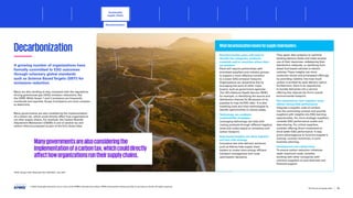 Decarbonization
A growing number of organizations have
formally committed to ESG outcomes
through voluntary global standards
such as Science BasedTargets (SBTi) for
emissions reduction.
Many are also working to stay compliant with the regulations
driving greenhouse gas (GHG) emission reductions, like
the CSRD. While Scope 1 and 2 emissions are frequently
monitored and reported, Scope 3 emissions are more complex
to determine.
Many governments are also considering the implementation
of a carbon tax, which could directly affect how organizations
run their supply chains. For example, the Carbon Boarder
Adjustment Mechanism (CBAM) is one of several tax and
carbon reforms proposed as part of the EU’s Green Deal.
7
NHS, Supply Chain Business Plan 2022/2023, July 2022
Manygovernmentsarealsoconsideringthe
implementationofacarbontax,whichcoulddirectly
affecthoworganizationsruntheirsupplychains.
Decarbonization plans will need to
identify the categories, products,
materials and/or countries where risks
are greatest.
Plans will require partnerships with
prioritized suppliers and industry groups
to support a more effective transition
to a lower GHG emission footprint.
Organizations can streamline this by
leveraging the work of other major
buyers, such as government agencies.
The UK’s National Health Service (NHS),
for example, is identifying the source and
distribution channel for 80 percent of its
supplies to map its ESG risks.7
It is also
installing track and trace technologies to
identify opportunities to reduce waste.
Technology can underpin
sustainability strategies.
Leveraging technology can help with
routing products through different logistics
lanes and nodes based on emissions and
carbon footprint.
Data-based insights can drive logistics
and last mile strategy.
Innovative last mile delivery solutions
such as Adiona help supply chain
leaders to create more energy efficient
transport management and route
optimization decisions.
They apply data analytics to optimize
existing delivery fleets and make smarter
use of their resources, redesigning their
distribution networks, or switching from
diesel fuel-based vehicles to electric
vehicles.These insights can drive
consumer choice and price/speed offerings
by providing visibility into how much
carbon is emitted by each delivery option.
Furthermore, there is an opportunity
to bundle deliveries into a service
offering that reduces the firm’s overall
environmental footprint.
Set expectations that suppliers must
deliver strong ESG performance.
Integrate a supplier code of conduct
into the contracting process and provide
suppliers with insights into ESG learning
opportunities. For more strategic suppliers,
consider ESG performance audits and
data-sharing. For critical suppliers,
consider offering direct investment to
drive better ESG performance. It may
prove advantageous to fund the supplier’s
training, contract incentives, or joint
business planning.
Development and collaboration.
To ensure carbon reduction initiatives
reach maximum scale, consider
working with other companies with
common suppliers to pool technical and
financial support.
Whatdecarbonizationmeansforsupplychainleaders:
© 2023 Copyright owned by one or more of the KPMG International entities. KPMG International entities provide no services to clients. All rights reserved.
18
The future of supply chain
Sustainable
supply chains
Decarbonization
Foreword Executive summary Current context
Advanced
robotics and
automation
Workforce of
the future
Distributed ledger
technologies and
digital money
Sectoral
transformations
Metaverse Conclusion Contacts
Responsible sourcing
Sustainable supply chains Circular economy
Due diligence Human rights in manufacturing and production Technology enabled ESG reporting Conclusion
 