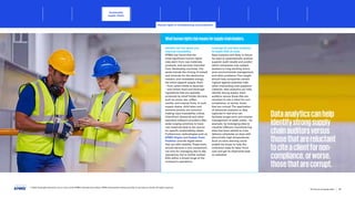 Identify risk hot spots and
improve traceability.
KPMG has found that the
most significant human rights
risks stem from raw materials,
products, and services imported
from developing countries. Hot
spots include the mining of metals
and minerals for the electronics
industry and renewable energy,
the entire apparel supply chain
– from cotton fields to factories
– and certain food and beverage
ingredients that are typically
produced by small holder farmers,
such as cocoa, tea, coffee,
vanilla, and tropical fruits. In such
supply chains, child labor and
extreme poverty are common,
making input traceability critical.
ChainPoint, Versed AI and other
specialist software providers offer
wide-ranging solutions to trace
raw materials back to the source
for specific sustainability labels.
Furthermore, technologies such as
KPMG Origins and Supply Chain
Predictor provide digital twins
that can add visibility.These tools
should become a core component
not only for managing day-to-day
operations, but to further embed
ESG within a broad range of the
company’s operations.
Leverage AI and data analytics
to tackle ESG at scale.
Data analytics will likely in future
be used to systematically analyze
supplier audit results and predict
which companies may subject
workers to long working hours,
poor environmental management,
and other problems.This insight
should help companies remain
vigilant against potential risks
when onboarding new suppliers.
Likewise, data analytics can help
identify strong supply chain
auditors versus those that are
reluctant to cite a client for non-
compliance, or worse, those
that are corrupt.The application
of advanced analytics to data
captured in real-time can
facilitate longer-term and smarter
management of weak nodes – for
example, by leveraging data to
visualize offshore manufacturing
sites that have started to miss
delivery schedules on days with
abnormally high temperatures.
Such an early warning could
enable the buyer to help the
contractor keep its labor force
cool and get its shipments back
on schedule.
Whathumanrightsriskmeansforsupplychainleaders:
Dataanalyticscanhelp
identifystrongsupply
chainauditorsversus
thosethatarereluctant
tociteaclientfornon-
compliance,orworse,
thosethatarecorrupt.
© 2023 Copyright owned by one or more of the KPMG International entities. KPMG International entities provide no services to clients. All rights reserved.
21
The future of supply chain
Sustainable
supply chains
Human rights in manufacturing and production
Foreword Executive summary Current context
Advanced
robotics and
automation
Workforce of
the future
Distributed ledger
technologies and
digital money
Sectoral
transformations
Metaverse Conclusion Contacts
Responsible sourcing
Sustainable supply chains Circular economy
Due diligence Decarbonization Technology enabled ESG reporting Conclusion
 