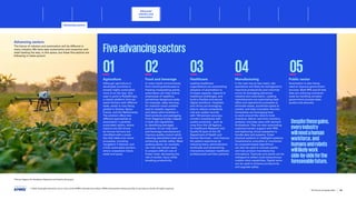 Advancing sectors
The future of robotics and automation will be different in
every industry. We have seen automotive and consumer and
retail leading the way. in this space, but these five sectors are
following in close pursuit:
16
Home | Agency for Healthcare Research and Quality (ahrq.gov)
Fiveadvancingsectors
Agriculture
Although agriculture in
developed countries is
already highly automated,
more is on the way. One
case in point is Robs4Crops,
a robotic platform that can
assist farmers with different
tasks, which is now being
piloted in Greece, Spain,
France, and the Netherlands.
The solution offers two
different approaches to
automation: a partially
automated option, where
tractors are still driven
by human farmers but
retrofitted with a smart
box that takes over some
processes, including
navigation if desired, and
a fully automated solution,
where unassisted robots
weed and spray.
01 Food and beverage
In many harsh environments,
from humid greenhouses to
freezing meatpacking plants,
automation can help relieve
employees of repetitive,
sometimes dangerous tasks.
For example, deep learning
for machine vision enables
bots to classify, segment,
and detect abnormalities in
food products and packaging.
From flagging foreign objects
in bulk raw ingredients
to identifying damaged
products, AI can help food
and beverage manufacturers
improve quality control while
reducing associated costs and
enhancing worker safety. Meat
packing plants, for example,
can now use robotic saws
to prepare difficult cuts of
frozen meat, decreasing the
risk of worker injury while
boosting productivity.
02 Healthcare
Leading healthcare
organizations are accelerating
adoption of automation to
increase capacity, respond to
healthcare challenges, and
build a flexible and secure
digital workforce. Hospitals
and clinics are leveraging
bots to reduce compliance
risk and update records
with 100 percent accuracy,
monitor compliance with
quality protocols – such as
ones from the US Agency
for Healthcare Research and
Quality16 (part of the US
Department of Health and
Human Services) – and improve
the patient experience by
reducing heavy administrative
workloads and streamlining
interactions between healthcare
professionals and their patients.
03 Manufacturing
In the next one-to-two years, site
operations will likely be reimagined to
maximize productivity and minimize
errors by leveraging advanced
robotics and automation. Leading
manufacturers are automating back
office and operational processes to
eliminate waste, accelerate speed to
market, and help innovation flourish.
Companies are leveraging bots
to work around the clock to track
inventory, deliver real-time inventory
analysis, and keep pace with demand
fluctuations.They are also automating
customer/vendor support with RPA,
and deploying virtual assistants to
handle data and systems. Cyber
physical systems or intelligent systems
(mechanisms controlled or monitored
by computer-based algorithms)
can also be used to oversee quality
and new product manufacturing
simulations. Factories and plants can be
reshaped to reflect multi-autonomous
mobile robot capabilities. Digital twins
can be used to enhance productivity
and upgrade safety.
04 Public sector
Automation is also being
used to improve government
services. Both RPA and AI chat
bots are reducing contractor
costs by handling complex
government process tasks
quickly and securely.
05
Despitethesegains,
everyindustry
willneedahuman
workforce,and
humansandrobots
willlikelywork
side-by-sideforthe
foreseeablefuture.
© 2023 Copyright owned by one or more of the KPMG International entities. KPMG International entities provide no services to clients. All rights reserved.
26
The future of supply chain
Advanced
robotics and
automation
Advancing sectors
Foreword Executive summary Current context
Sustainable
supply chains
Workforce of
the future
Distributed ledger
technologies and
digital money
Sectoral
transformations
Metaverse Conclusion Contacts
Advanced robotics and automation Allocating activities for machines and humans Rise of the cobots
Ecosystems of smart devices for efficiency Generative AI Conclusion
 