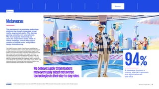 Metaverse
The metaverse is a promising technology
platform that loosely integrates virtual
reality, augmented reality, PCs, devices,
gaming consoles, and smartphones.
The most popular metaverse use
cases for corporations today relate to
virtual meetings, virtual office space,
creation of digital twins, and product
design brainstorming.
The KPMG Future of Supply Chain Survey highlights that
roughly one-third of today’s supply chain leaders have begun
to experiment with the metaverse. We believe supply chain
leaders may eventually adopt metaverse technologies in their
day-to-day roles, proceeding in three stages. In horizon 1,
the metaverse could provide supply chain leaders with real
engagement and learning experiences. In horizon 2, it could
deliver an enhanced digital twin capability, and in horizon 3, it
could deliver the opportunity to fully digitize supply chains with
enhanced demand forecasting, hyper-precise modeling, and
scenario-planning with suppliers and customers.
Webelievesupplychainleaders
mayeventuallyadoptmetaverse
technologiesintheirday-to-dayroles.
A metaverse moment is
coming, with 94% optimistic
that digital twins will
add value
94%
© 2023 Copyright owned by one or more of the KPMG International entities. KPMG International entities provide no services to clients. All rights reserved.
55
The future of supply chain
Metaverse
Metaverse
Foreword Executive summary Current context
Sustainable
supply chains
Advanced
robotics and
automation
Workforce of
the future
Distributed ledger
technologies and
digital money
Sectoral
transformations
Conclusion Contacts
Horizon 1: Real engagement and learning experiences Horizon 2:The digital twin in the supply chain Horizon 3: Physical supply chains go virtual Countdown to your metaverse Conclusion
Implementation challenges
 