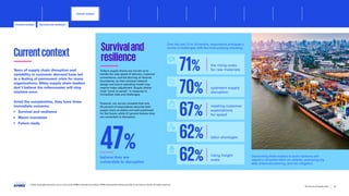 Currentcontext
Years of supply chain disruption and
variability in customer demand have led
to a feeling of permanent crisis for many
organizations. Many supply chain leaders
don’t believe the rollercoaster will stop
anytime soon.
Amid the complexities, they have three
immediate concerns:
• Survival and resilience
• Macro mandates
• Future ready
Over the next 12 to 18 months, respondents anticipate a
variety of challenges, with the most pressing including:
Survivaland
resilience
believe they are
vulnerable to disruption
47%
71% the rising costs
for raw materials
62% labor shortages
67%
meeting customer
expectations
for speed
70% upstream supply
disruption
62% rising freight
costs
Today’s supply chains are not set up to
handle the new speed of delivery, customer
convenience, and the blurring of channel
boundaries, so their physical network
design and future operating model may
require major adjustment. Supply chains
must “pivot or perish” in response to
immediate risks and challenges.
However, our survey revealed that only
55 percent of respondents describe their
supply chain as stable and well-positioned
for the future, while 47 percent believe they
are vulnerable to disruption.
© 2023 Copyright owned by one or more of the KPMG International entities. KPMG International entities provide no services to clients. All rights reserved.
6
The future of supply chain
Overcoming these matters to build resilience will
require a concerted effort on visibility, embracing big
data, enhanced planning, and risk mitigation.
Current context
Survival and resilience
Current context
Foreword Executive summary
Sustainable
supply chains
Advanced
robotics and
automation
Workforce of
the future
Distributed ledger
technologies and
digital money
Sectoral
transformations
Metaverse Conclusion Contacts
Macro mandates Future ready Conclusion
 