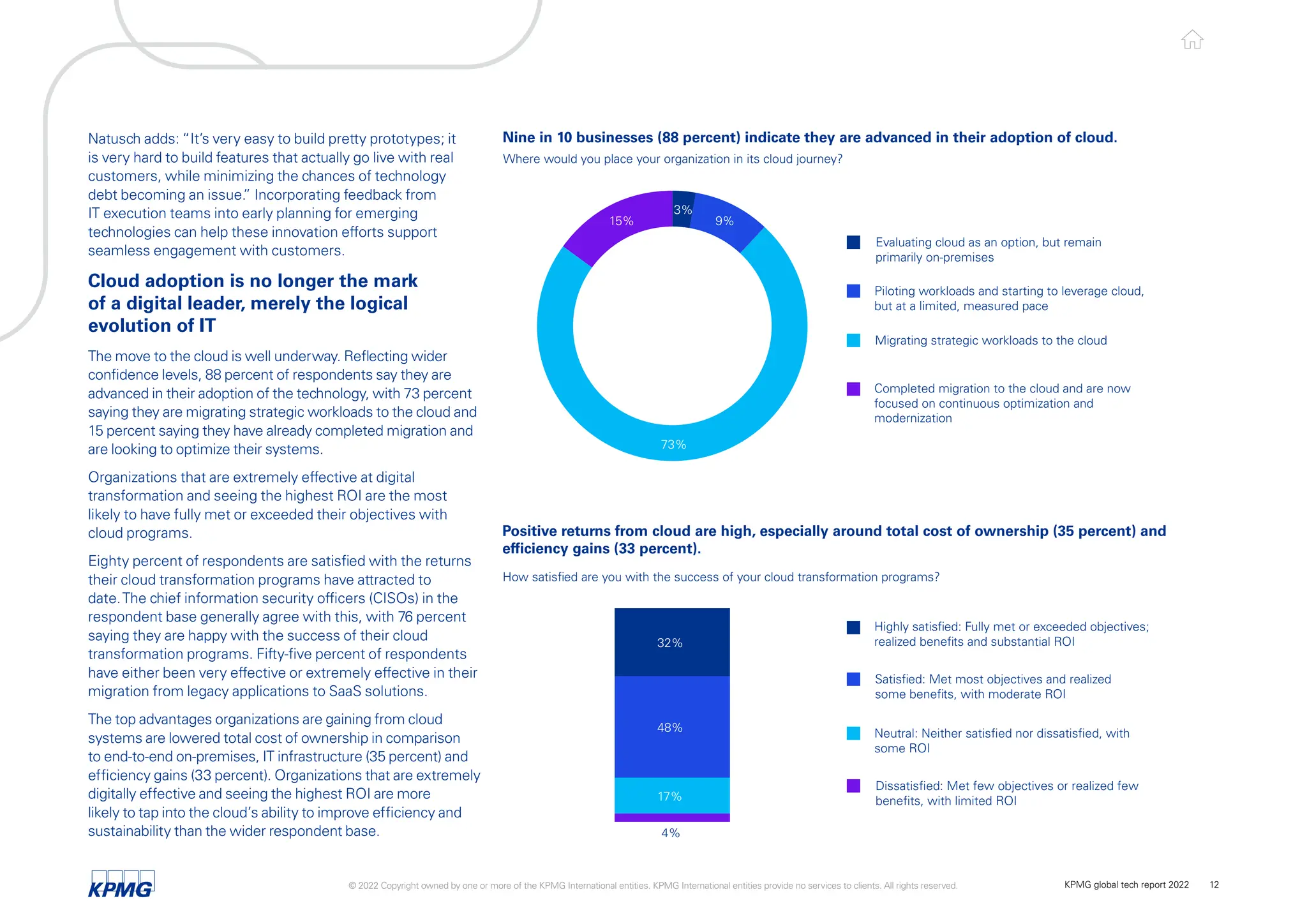 Natusch adds: “It’s very easy to build pretty prototypes; it
is very hard to build features that actually go live with real
customers, while minimizing the chances of technology
debt becoming an issue.
” Incorporating feedback from
IT execution teams into early planning for emerging
technologies can help these innovation efforts support
seamless engagement with customers.
Cloud adoption is no longer the mark
of a digital leader, merely the logical
evolution of IT
The move to the cloud is well underway. Reflecting wider
confidence levels, 88 percent of respondents say they are
advanced in their adoption of the technology, with 73 percent
saying they are migrating strategic workloads to the cloud and
15 percent saying they have already completed migration and
are looking to optimize their systems.
Organizations that are extremely effective at digital
transformation and seeing the highest ROI are the most
likely to have fully met or exceeded their objectives with
cloud programs.
Eighty percent of respondents are satisfied with the returns
their cloud transformation programs have attracted to
date.The chief information security officers (CISOs) in the
respondent base generally agree with this, with 76 percent
saying they are happy with the success of their cloud
transformation programs. Fifty-five percent of respondents
have either been very effective or extremely effective in their
migration from legacy applications to SaaS solutions.
The top advantages organizations are gaining from cloud
systems are lowered total cost of ownership in comparison
to end-to-end on-premises, IT infrastructure (35 percent) and
efficiency gains (33 percent). Organizations that are extremely
digitally effective and seeing the highest ROI are more
likely to tap into the cloud’s ability to improve efficiency and
sustainability than the wider respondent base.
Piloting workloads and starting to leverage cloud,
but at a limited, measured pace
Nine in 10 businesses (88 percent) indicate they are advanced in their adoption of cloud.
Where would you place your organization in its cloud journey?
Migrating strategic workloads to the cloud
Evaluating cloud as an option, but remain
primarily on-premises
Completed migration to the cloud and are now
focused on continuous optimization and
modernization
3%
9%
73%
15%
Positive returns from cloud are high, especially around total cost of ownership (35 percent) and
efficiency gains (33 percent).
How satisfied are you with the success of your cloud transformation programs?
Satisfied: Met most objectives and realized
some benefits, with moderate ROI
Highly satisfied: Fully met or exceeded objectives;
realized benefits and substantial ROI
Neutral: Neither satisfied nor dissatisfied, with
some ROI
Dissatisfied: Met few objectives or realized few
benefits, with limited ROI
4%
17%
48%
32%
© 2022 Copyright owned by one or more of the KPMG International entities. KPMG International entities provide no services to clients. All rights reserved. KPMG global tech report 2022 12
 