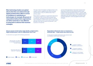 Sixty-six percent of tech leaders today identify as digital leaders.
Digital transformation is less of a differentiator than it was.
To what extent to you agree with the following statements?
Slightly disagree Neutral Slightly agree Strongly agree
We have been very effective
in using digital to advance our
business strategy
Technology debt does not
inhibit our IT investments
2%
31% 38% 28%
3%
23% 41% 32%
Respondents indicate that return on investment is
extremely high — hardly anyone says returns are flat.
To what extent has digital transformation had a positive impact
on profitability or performance in last 2 years?
1 - 5 percent increase in
profitability or performance
5 - 10 percent increase in
profitability or performance
11 percent or more increase
in profitability or performance
20%
42%
38%
Most technology leaders are upbeat
about what they can achieve through
digital transformation.When it comes
to confidence in capitalizing on
technologies, for example, 66 percent of
respondents believe their organizations
are either extremely or very effective
at using tech to advance their business
strategies.
This year marks the highest confidence level in this
research series, suggesting that effective digital
transformation is less of a differentiator than in
previous years.
Respondents’ confidence is supported by high return
on investment (ROI). Almost all businesses have
successfully used digital transformation to improve
their profitability or performance over the past 2 years,
although most have only grown by between 1 and
5 percent in this period.
Just over 150 organizations in the study (7 percent of all
respondents) have extremely effective transformation
programs that have generated at least an 11 percent uplift
in profit or company performance.These digitally advanced
organizations are 5 percentage points more likely to take
a proactive approach in executing digital-transformation
strategies.
© 2022 Copyright owned by one or more of the KPMG International entities. KPMG International entities provide no services to clients. All rights reserved. KPMG global tech report 2022 10
 