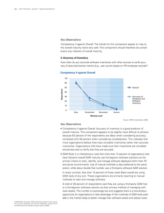 18   | SOfTwArE ASSET MAnAGEMEnT




                                                                            Key Observations
                                                                            Competency 3 against Overall: The trends for this component appear to map to
                                                                            the overall maturity trend very well. This component should therefore be consid­
                                                                            ered a key indicator of overall maturity.

                                                                            4. Accuracy of Inventory
                                                                            How often do you reconcile software inventories with other sources to verify accu­
                                                                            racy of assumed license metrics (e.g., user counts based on HR employee records)?

                                                                            Competency 4 against Overall

                                                                                          70%

                                                                                          60

                                                                                          50                                                                   Overall
                                                                            Respondents




                                                                                          40

                                                                                          30                                                                   Accuracy of
                                                                                                                                                               Hardware and
                                                                                          20                                                                   Software
                                                                                                                                                               Inventory
                                                                                          10

                                                                                           0
                                                                                                Basic      Standardized    Rationalized   Dynamic

                                                                                                                  Maturity Level

                                                                                                                                                    Source: KPMG International, 2008

                                                                            Key Observations                                                                Figure 21
                                                                            • Competency 4 against Overall: Accuracy of inventory is a good predictor of
                                                                              overall maturity. This component appears to be slightly more difficult to achieve
                                                                              because 63 percent of the respondents are Basic when considering accuracy,
                                                                              compared with 58 percent when considering completeness. This indicates that
                                                                              more organizations believe they have complete inventories rather than accurate
                                                                              inventories. Organizations that have made sure their inventories are complete
                                                                              should also test to verify that they are accurate.
                                                                            • SAM Tools: It is interesting to note that more than 14 percent of organizations that
                                                                              have Dynamic overall SAM maturity use homegrown software solutions as the
                                                                              primary means to track, identify, and manage software deployed within their PC
                                                                              and server environments. Use of manual methods is also preferred to the same
                                                                              extent, while about double that number use a third-party software SAM solution.
                                                                                     In sharp contrast, less than 10 percent of those rated Basic overall are using 

                                                                                     SAM tools of any sort. These organizations are primarily resorting to manual 

                                                                                     methods to track and manage software. 

                                                                                     A total of 26 percent of respondents said they are using a third-party SAM tool
                                                                                     or a homegrown software solution as their primary method of managing soft­
                                                                                     ware assets. This number is surprisingly low and suggests there is a tremendous
                                                                                     opportunity for organizations to take advantage of the multitude of SAM tools avail­
                                                                                     able in the market today to better manage their software assets and reduce costs.
© 2008 KPMG International. KPMG International provides no client services
and is a Swiss cooperative with which the independent member firms of
the KPMG network are affiliated. All rights reserved. 080433
 