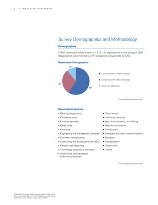 4   | SOfTwArE ASSET MAnAGEMEnT




                                                                            Survey Demographics and Methodology
                                                                            Demographics

                                                                            KPMG conducted a web survey of 1,013 U.S. organizations in the spring of 2008.
                                                                            respondents were members of IT management responsible for SAM.

                                                                            Respondent Demographics
                                                                                      11%


                                                                                                                     Companies with <1,000 employees


                                                                                                                     Companies with 1,000+ employees

                                                                            30%
                                                                                                                     Government/Education
                                                                                                         59%




                                                                                                                                        Source: KPMG International, 2008




                                                                            Respondent Industries
                                                                            • Banking (depository)                    • Other service
                                                                            • Wholesale trade                         • Healthcare services
                                                                            • Financial services                      • Agriculture, forestry, and fishing
                                                                            • Retail trade                            • Telecommunications
                                                                            • Insurance                               • Construction
                                                                            • Engineering and management services     • Broadcast and other communications
                                                                            • Discrete manufacturing                  • Education
                                                                            • Accounting and professional services    • Transportation
                                                                            • Process manufacturing                   • Government
                                                                            • Technology products or services         • Utilities
                                                                            • Automotive and aerospace
                                                                              (manufacturing only)

                                                                                                                                        Source: KPMG International, 2008




© 2008 KPMG International. KPMG International provides no client services
and is a Swiss cooperative with which the independent member firms of
the KPMG network are affiliated. All rights reserved. 080433
 