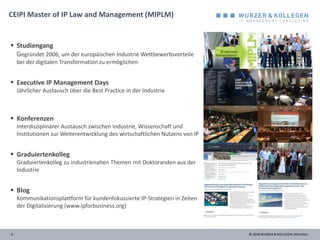 © 2018 WURZER & KOLLEGEN, München- 3 -
CEIPI Master of IP Law and Management (MIPLM)
▪ Studiengang
Gegründet 2006, um der ...