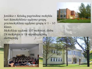 Joniškio r. Kriukų pagrindinė mokykla
turi ikimokyklinio ugdymo grupę,
priešmokyklinio ugdymo grupę ir 1 – 10
klases.
Mokykloje ugdomi 137 mokiniai, dirba
24 mokytojai ir 14 nepedagoginių
darbuotojų.
 