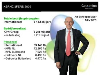 KERNCIJFERS 2009Ad ScheepbouwerCEO KPNTotale bedrijfsopbrengstenInternationaal 		€ 13.5 miljardBedrijfsresultaatKPN Groep		€ 2.8 miljard- na belasting		€ 2.1 miljardPersoneelInternationaal		33.148 fte  KPN NL		12.265 fte