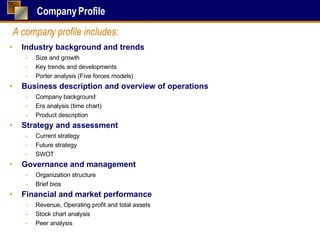 Company Profile Industry background and trends  Size and growth Key trends and developments Porter analysis (Five forces models) Business description and overview of operations Company background Era analysis (time chart) Product description Strategy and assessment Current strategy Future strategy SWOT Governance and management Organization structure Brief bios Financial and market performance Revenue, Operating profit and total assets Stock chart analysis Peer analysis A company profile includes: 