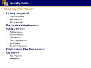 Industry Profile Industry background Total industry size Key sub-sector Size and growth Key trends and developments PESTLE analysis Political factors Economic factors Social factors Technological factors Legal factors Environmental factors Porter analysis (Five forces models) Key players Top 10 players Brief profile An Industry profile includes: 