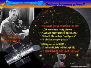 Photo by Tyler Nordgren Galaxy becomes plural! M82 Cigar  Galaxy M81 Bode’s  Galaxy “ Mr. Universe” Edwin Hubble The Drake (kev) equation for life: 1:1,000 stars have rocky planets 1:1,000,000 rocky planets spawn life 1:100 with life evolves “intelligence” = 10 civilizations per galaxy 10,000 galaxies in HUDF 12.7 million HUDFs to fill sky (N&S) = 1,270,000,000,000 civilizations?   