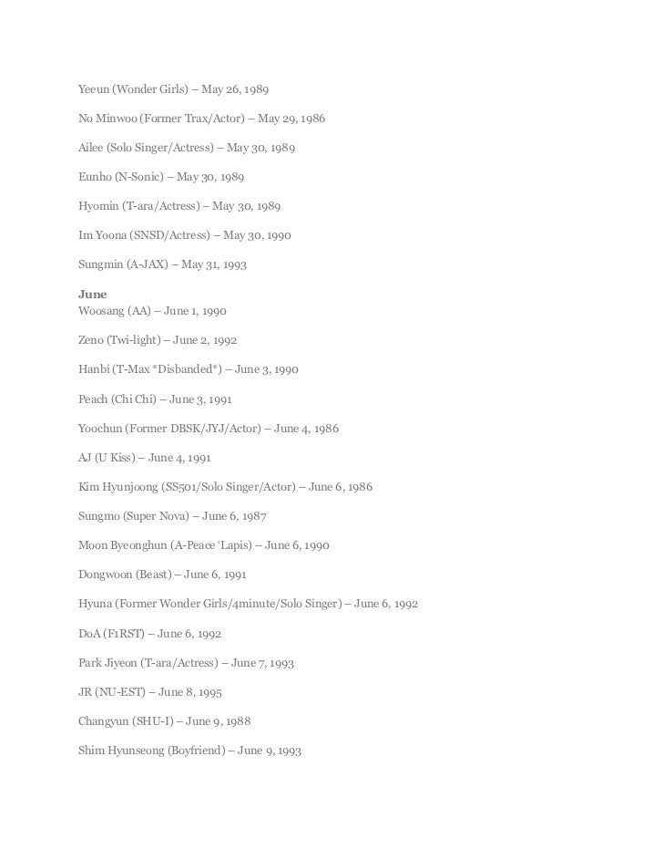 Kpop Idols Birthday List June Wattpad