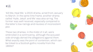 #14
43
‘Kill Me, Heal Me,’ a 2015 drama, aired from January
to March. In the same time frame, another drama
called ‘Hyde, Jekyll, and Me’ was also airing. The
former was well received, especially compared to
the latter’s low ratings and reviews of inconsistent
plot.
These two dramas, in the midst of it all, were
embroiled in a controversy, although the accused
side strongly denied the allegations against them.
What exactly was the point of contention, which can
be linked to a Scottish gothic novella from the
1800s?
 