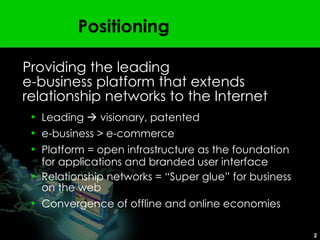 Positioning Providing the leading  e-business platform that extends relationship networks to the Internet Leading    visionary, patented e-business > e-commerce Platform = open infrastructure as the foundation for applications and branded user interface Relationship networks = “Super glue” for business on the web Convergence of offline and online economies 