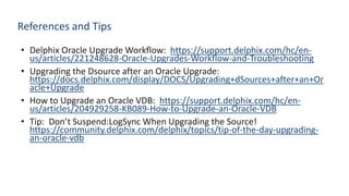 • Delphix Oracle Upgrade Workflow: https://support.delphix.com/hc/en-
us/articles/221248628-Oracle-Upgrades-Workflow-and-Troubleshooting
• Upgrading the Dsource after an Oracle Upgrade:
https://docs.delphix.com/display/DOCS/Upgrading+dSources+after+an+Or
acle+Upgrade
• How to Upgrade an Oracle VDB: https://support.delphix.com/hc/en-
us/articles/204929258-KB089-How-to-Upgrade-an-Oracle-VDB
• Tip: Don’t Suspend:LogSync When Upgrading the Source!
https://community.delphix.com/delphix/topics/tip-of-the-day-upgrading-
an-oracle-vdb
References and Tips
 