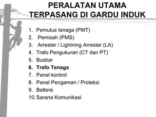 PERALATAN UTAMA TERPASANG DI GARDU INDUKPemutustenaga (PMT)Pemisah(PMS) Arrester / Lightning Arrester (LA)TrafoPengukuran (CT danPT)BusbarTrafoTenagaPanel kontrolPanel Pengaman / ProteksiBattereSaranaKomunikasi