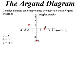 The Argand Diagram
Complex numbers can be represented geometrically on an Argand
Diagram.                   y (imaginary axis)
                           3
                           2
                       C 1
                                    A
             -4 -3 -2 -1        1 2 3 4 x (real axis)
                          -1
A=2                       -2
B = -3i                   -3 B
C = -2 + i
 