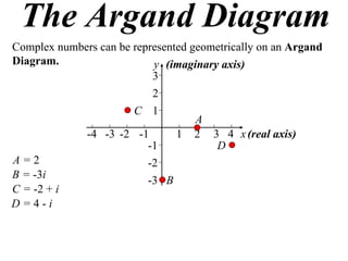 The Argand Diagram
Complex numbers can be represented geometrically on an Argand
Diagram.                   y (imaginary axis)
                           3
                           2
                       C 1
                                    A
             -4 -3 -2 -1        1 2 3 4 x (real axis)
                          -1           D
A=2                       -2
B = -3i                   -3 B
C = -2 + i
D=4-i
 