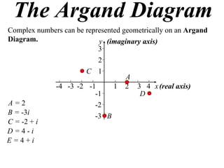 The Argand Diagram
Complex numbers can be represented geometrically on an Argand
Diagram.                   y (imaginary axis)
                           3
                           2
                       C 1
                                    A
             -4 -3 -2 -1        1 2 3 4 x (real axis)
                          -1           D
A=2                       -2
B = -3i                   -3 B
C = -2 + i
D=4-i
E=4+i
 