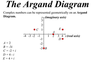 The Argand Diagram
Complex numbers can be represented geometrically on an Argand
Diagram.                   y (imaginary axis)
                           3
                           2
                       C 1              E
                                    A
             -4 -3 -2 -1        1 2 3 4 x (real axis)
                          -1           D
A=2                       -2
B = -3i                   -3 B
C = -2 + i
D=4-i
E=4+i
 