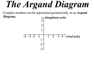The Argand Diagram
Complex numbers can be represented geometrically on an Argand
Diagram.                   y (imaginary axis)
                           3
                           2
                           1

              -4 -3 -2 -1       1   2   3 4 x (real axis)
                         -1
                         -2
                         -3
 