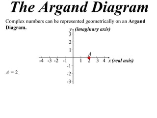 The Argand Diagram
Complex numbers can be represented geometrically on an Argand
Diagram.                   y (imaginary axis)
                           3
                           2
                           1
                                    A
             -4 -3 -2 -1        1 2 3 4 x (real axis)
                          -1
A=2                       -2
                          -3
 
