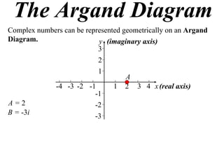 The Argand Diagram
Complex numbers can be represented geometrically on an Argand
Diagram.                   y (imaginary axis)
                           3
                           2
                           1
                                    A
             -4 -3 -2 -1        1 2 3 4 x (real axis)
                          -1
A=2                       -2
B = -3i                   -3
 