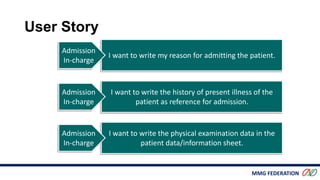 MMG FEDERATION
User Story
I want to write my reason for admitting the patient.
Admission
In-charge
I want to write the history of present illness of the
patient as reference for admission.
Admission
In-charge
I want to write the physical examination data in the
patient data/information sheet.
Admission
In-charge
 