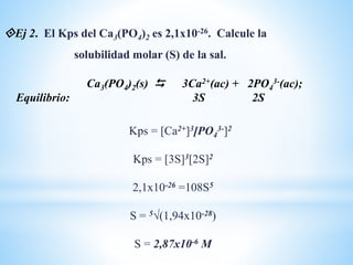 Ca3(PO4)2(s)  3Ca2+(ac) + 2PO4
3-(ac);
Equilibrio: 3S 2S
Ej 2. El Kps del Ca3(PO4)2 es 2,1x10-26. Calcule la
solubilidad molar (S) de la sal.
Kps = [Ca2+]3[PO4
3-]2
Kps = [3S]3[2S]2
2,1x10-26 =108S5
S = 5(1,94x10-28)
S = 2,87x10-6 M
 
