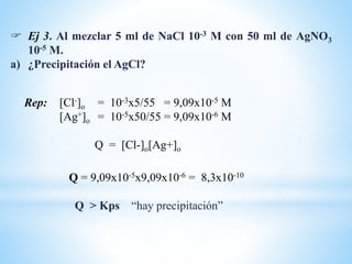 Rep: [Cl-]o = 10-3x5/55 = 9,09x10-5 M
[Ag+]o = 10-5x50/55 = 9,09x10-6 M
Q = [Cl-]o[Ag+]o
 Ej 3. Al mezclar 5 ml de NaCl 10-3 M con 50 ml de AgNO3
10-5 M.
a) ¿Precipitación el AgCl?
Q = 9,09x10-5x9,09x10-6 = 8,3x10-10
Q > Kps “hay precipitación”
 