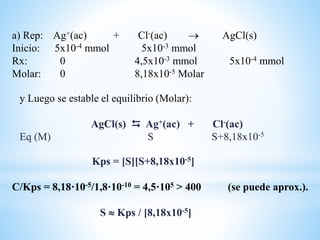 y Luego se estable el equilibrio (Molar):
AgCl(s)  Ag+(ac) + Cl-(ac)
Eq (M) S S+8,18x10-5
a) Rep: Ag+(ac) + Cl-(ac)  AgCl(s)
Inicio: 5x10-4 mmol 5x10-3 mmol
Rx: 0 4,5x10-3 mmol 5x10-4 mmol
Molar: 0 8,18x10-5 Molar
Kps = [S][S+8,18x10-5]
C/Kps = 8,18·10-5/1,8·10-10 = 4,5·105 > 400 (se puede aprox.).
S  Kps / [8,18x10-5]
 
