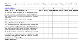 Utilizando las categorías anteriores, marque con una x en el recuadro que corresponda a su nivel de conocimiento de acuerdo a
lo afirmado.
AFIRMACIONES:                                                             1              2             3             4
MOMENTO DE TU METACOGNICIÓN                                          Inicio Avance Inicio Avance   Inicio Avance Inicio Avance
Sé explicar el mapa conceptual de los fenómenos físicos al
aumentar o disminuir la temperatura de los estados de agregación.
¿Qué importancia tiene el movimiento molecular en los estados de
agregación?
¿Cómo afecta la temperatura al movimiento molecular?

¿Qué origina los estados de agregación?

¿Qué fenómeno físico ocurre cuando disminuye la temperatura en
el cambio de estado de agregación sólido a líquido que observas?
¿Qué fenómeno físico ocurre cuando aumenta la temperatura en el
cambio de estados de agregación líquido a gas que observas?
¿Cuál es la importancia de la existencia de los fenómenos físicos?

Describo cómo se originan los fenómenos físicos en un mapa
conceptual a partir de los tres estados de agregación, valorando
su importancia en el viaje del agua.

-OBSERVACIONES:
 