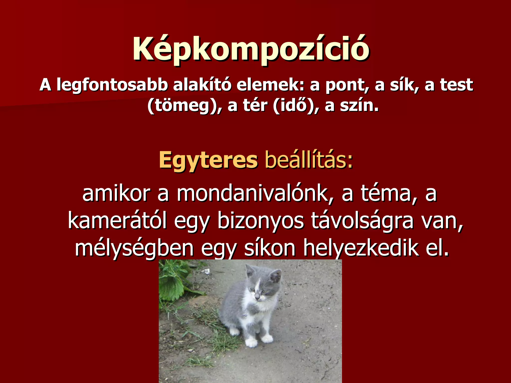 Képkompozíció   A legfontosabb alakító elemek: a pont, a sík, a test (tömeg), a tér (idő), a szín.   Egyteres  beállítás: amikor a mondanivalónk, a téma, a kamerától egy bizonyos távolságra van, mélységben egy síkon helyezkedik el.  