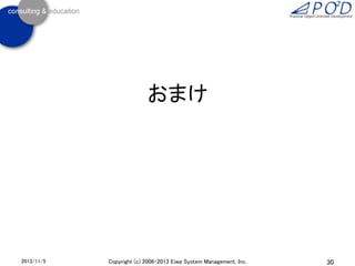 おまけ

2013/11/5

Copyright (c) 2006-2013 Eiwa System Management, Inc.

30

 