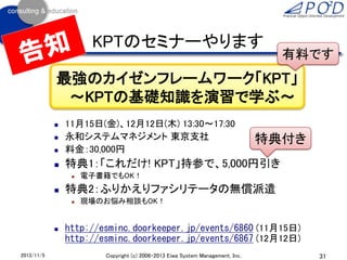 KPTのセミナーやります

有料です

最強のカイゼンフレームワーク「KPT」
～KPTの基礎知識を演習で学ぶ～



11月15日(金)、12月12日(木) 13:30～17:30
永和システムマネジメント 東京支社
料金：30,000円



特典1：「これだけ! KPT」持参で、5,000円引き








2013/11/5

電子書籍でもOK！

特典2：ふりかえりファシリテータの無償派遣




特典付き

現場のお悩み相談もOK！

http://esminc.doorkeeper.jp/events/6860 (11月15日)
http://esminc.doorkeeper.jp/events/6867 (12月12日)
Copyright (c) 2006-2013 Eiwa System Management, Inc.

31

 