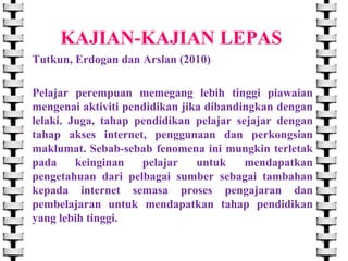 KAJIAN-KAJIAN LEPAS
Tutkun, Erdogan dan Arslan (2010)
Pelajar perempuan memegang lebih tinggi piawaian
mengenai aktiviti pendidikan jika dibandingkan dengan
lelaki. Juga, tahap pendidikan pelajar sejajar dengan
tahap akses internet, penggunaan dan perkongsian
maklumat. Sebab-sebab fenomena ini mungkin terletak
pada
keinginan
pelajar
untuk
mendapatkan
pengetahuan dari pelbagai sumber sebagai tambahan
kepada internet semasa proses pengajaran dan
pembelajaran untuk mendapatkan tahap pendidikan
yang lebih tinggi.

 
