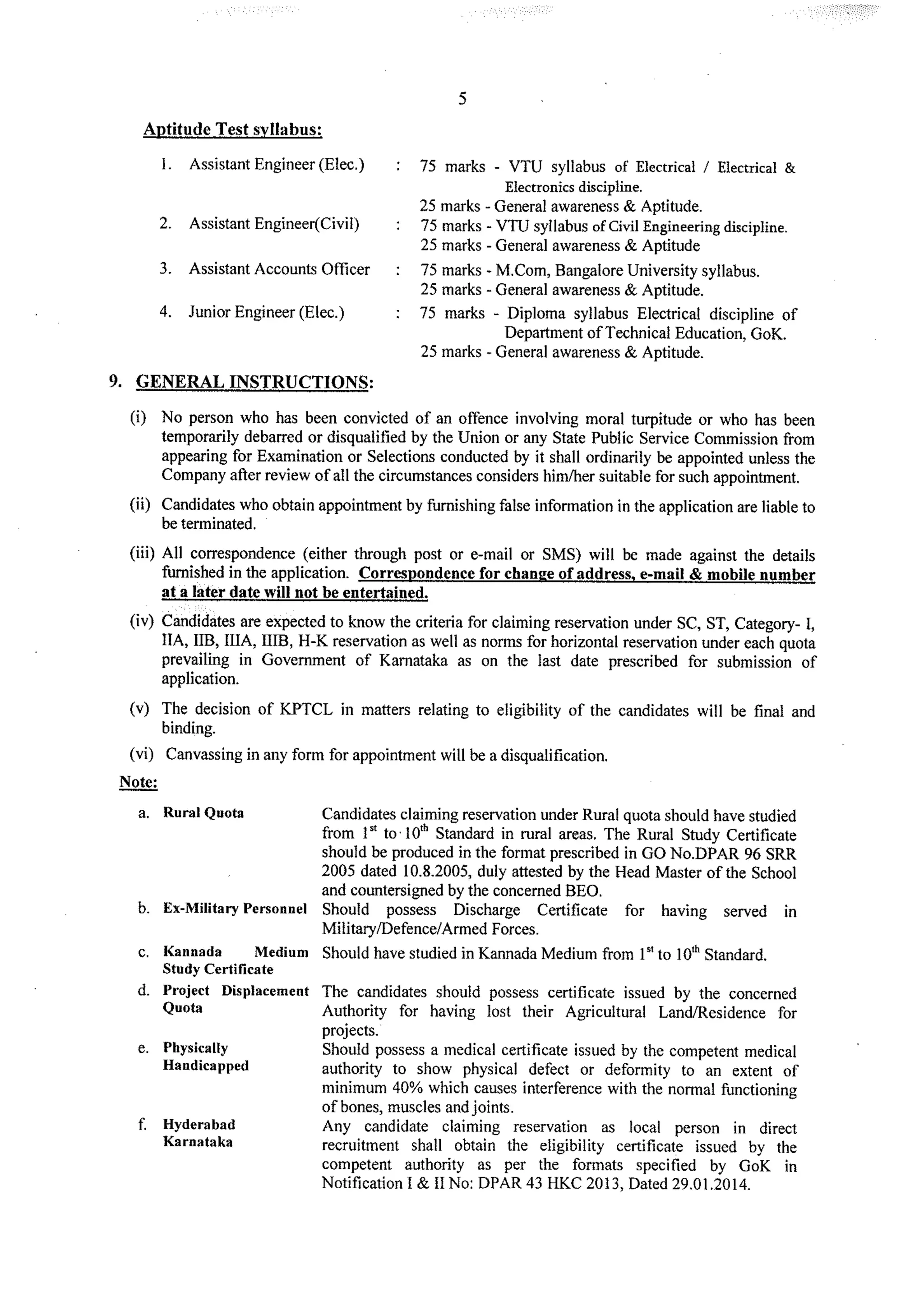 KPTCL employment notification for the posts of Assistant Engineer and Assistant Account Officer -2015