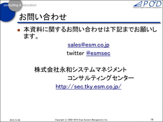  Web
 プロジェクトファシリテーション
「ふりかえりガイド」「朝会ガイド」「見える化ガイド」「計画作りガイド」
http://ObjectClub.jp/community/pf/
 永和システムマネジメント チームファシリテーション
http://www.esm.co.jp/service/tf/
 永和システムマネジメント コンサルティングセンターページ
チームファシリテーション
http://sec.tky.esm.co.jp/categories/tf/
19Copyright (c) 2002-2016 Eiwa System Management, Inc.2016/12/17
情報源
 