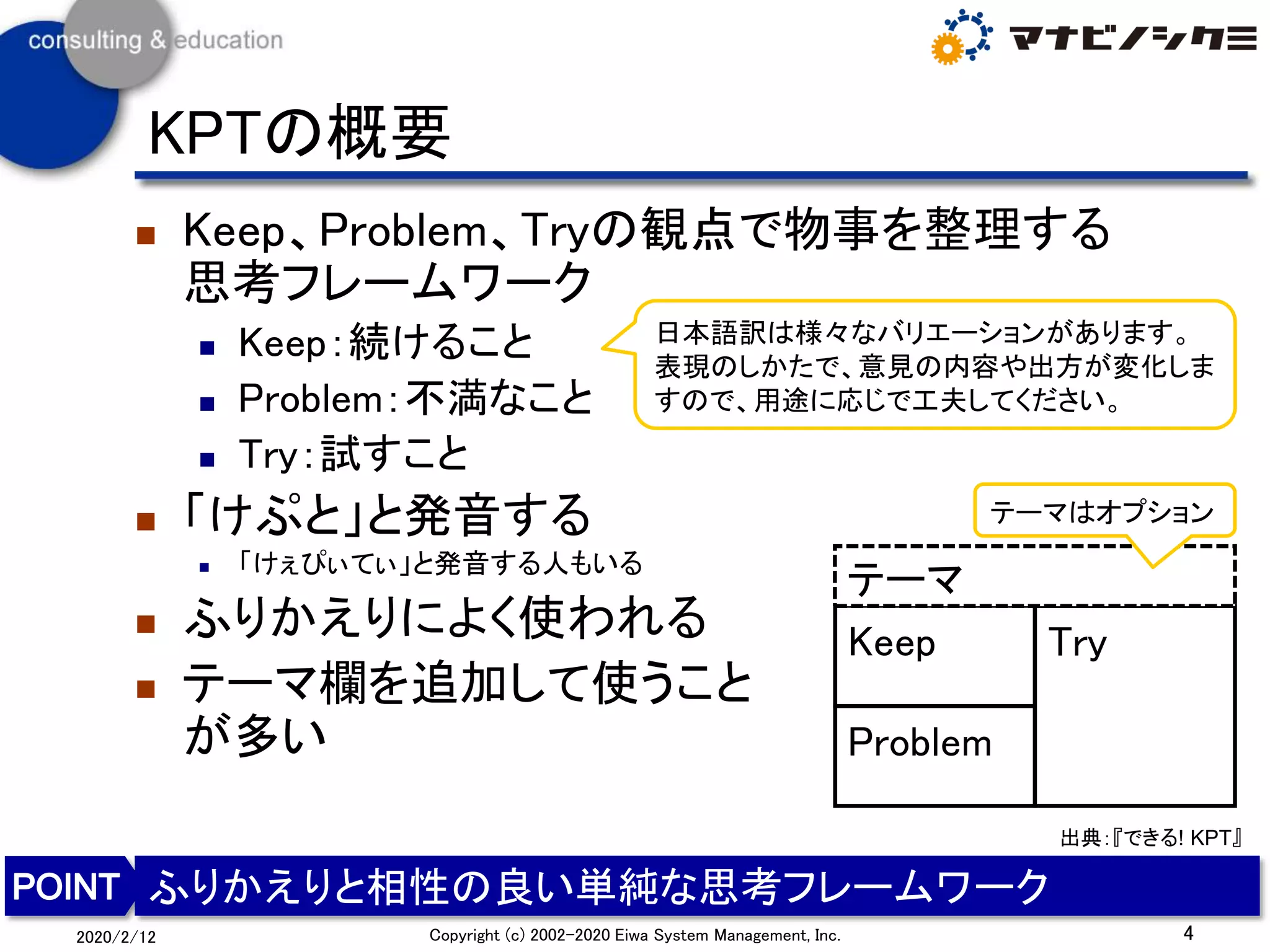 KPTの概要
◼ Keep、Problem、Tryの観点で物事を整理する
思考フレームワーク
◼ Keep：続けること
◼ Problem：不満なこと
◼ Try：試すこと
◼ 「けぷと」と発音する
◼ 「けぇぴぃてぃ」と発音する人もいる
◼ ふりかえりによく使われる
◼ テーマ欄を追加して使うこと
が多い
4Copyright (c) 2002-2020 Eiwa System Management, Inc.2020/2/12
ふりかえりと相性の良い単純な思考フレームワーク
Keep
Problem
Try
出典：『できる! KPT』
日本語訳は様々なバリエーションがあります。
表現のしかたで、意見の内容や出方が変化しま
すので、用途に応じで工夫してください。
テーマ
テーマはオプション
 