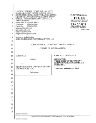Kleiner Perkins Trial Brief in Ellen Pao Gender Discrimination Lawsuit