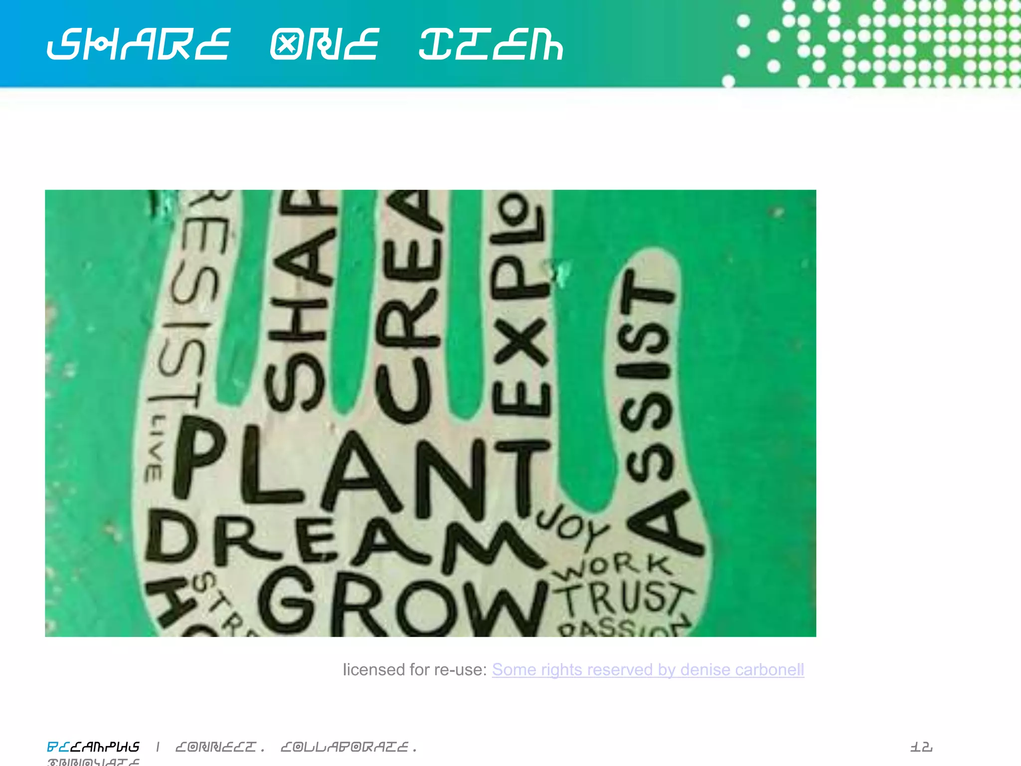 Share One Item




                                             licensed for re-use: Some rights reserved by denise carbonell



BCcampus | connect. collaborate. innovate.                                                                   12
 