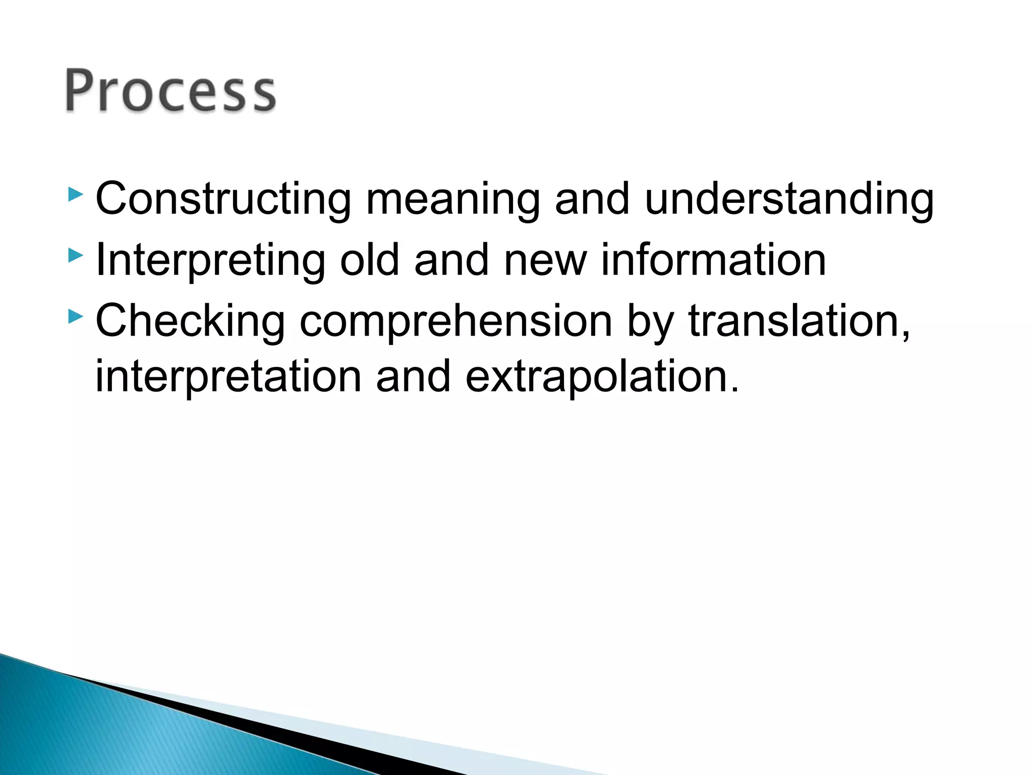  Constructing meaning and understanding
 Interpreting old and new information
 Checking comprehension by translation,
interpretation and extrapolation.
 