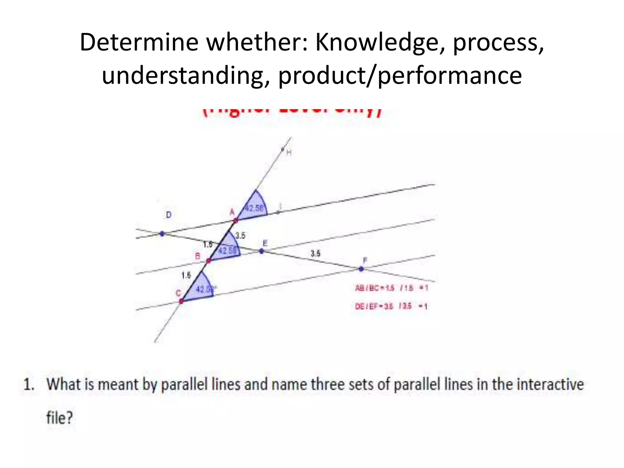 Determine whether: Knowledge, process,
understanding, product/performance
 