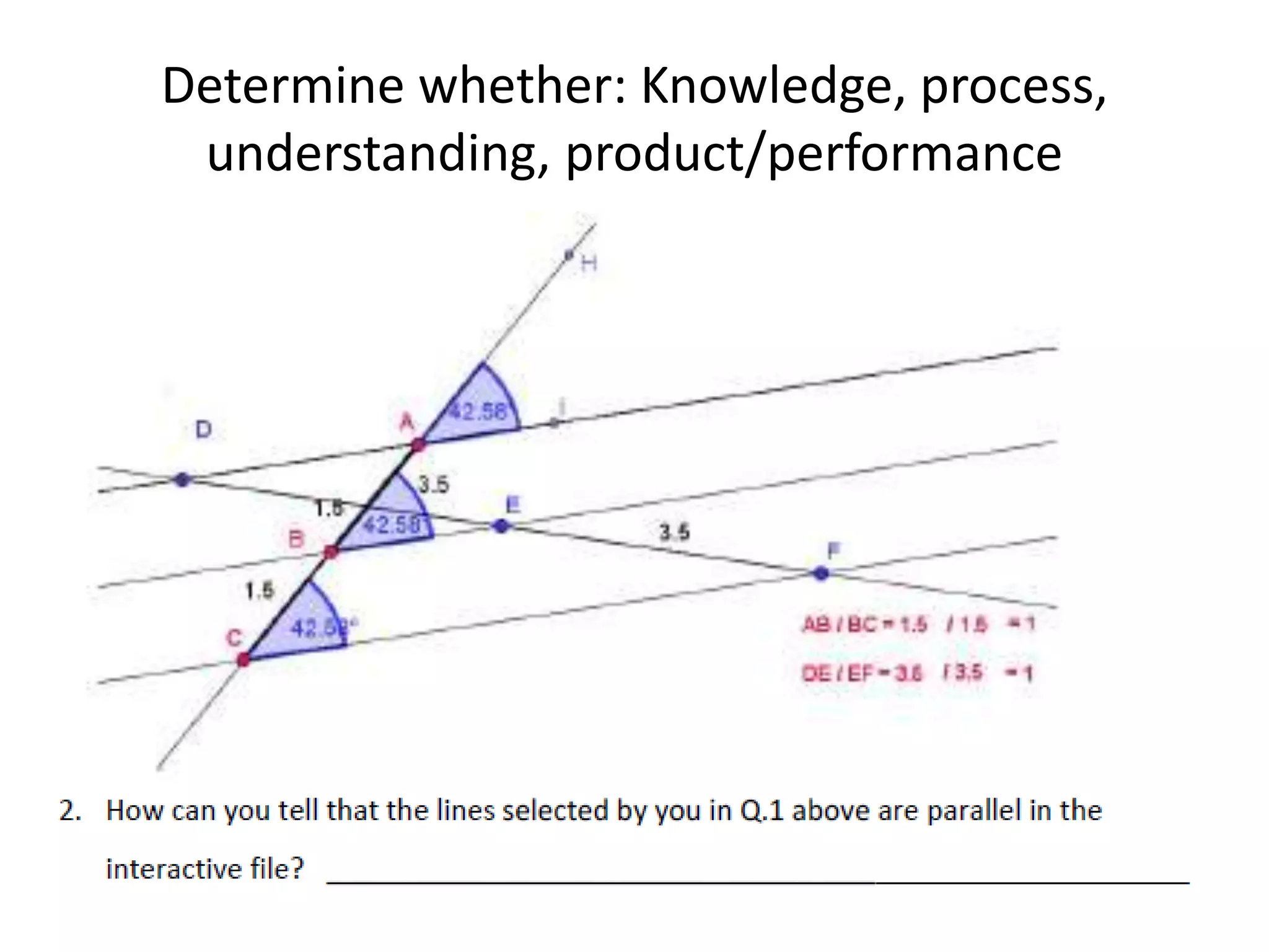 Determine whether: Knowledge, process,
understanding, product/performance
 