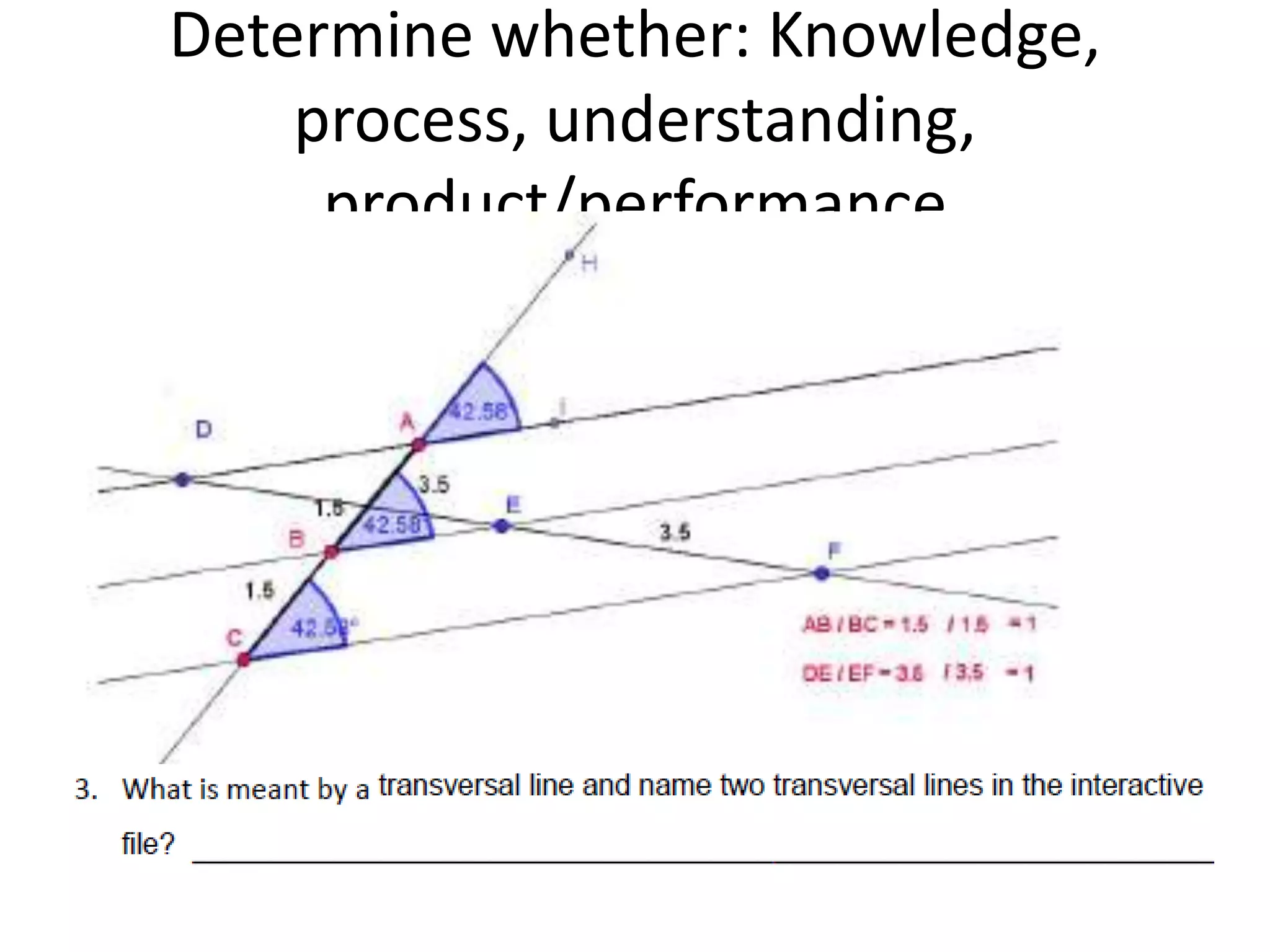 Determine whether: Knowledge,
process, understanding,
product/performance
 