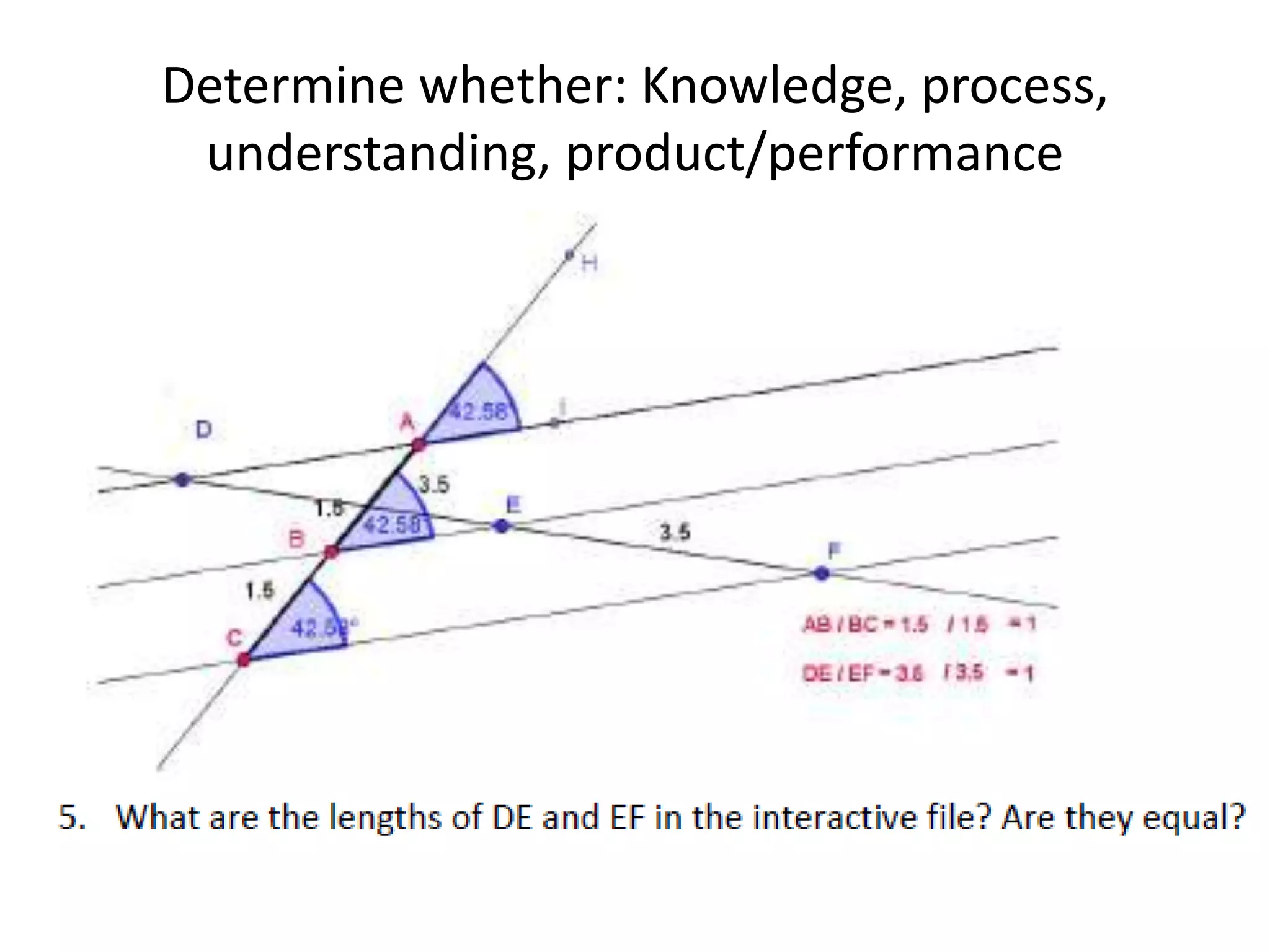 Determine whether: Knowledge, process,
understanding, product/performance
 