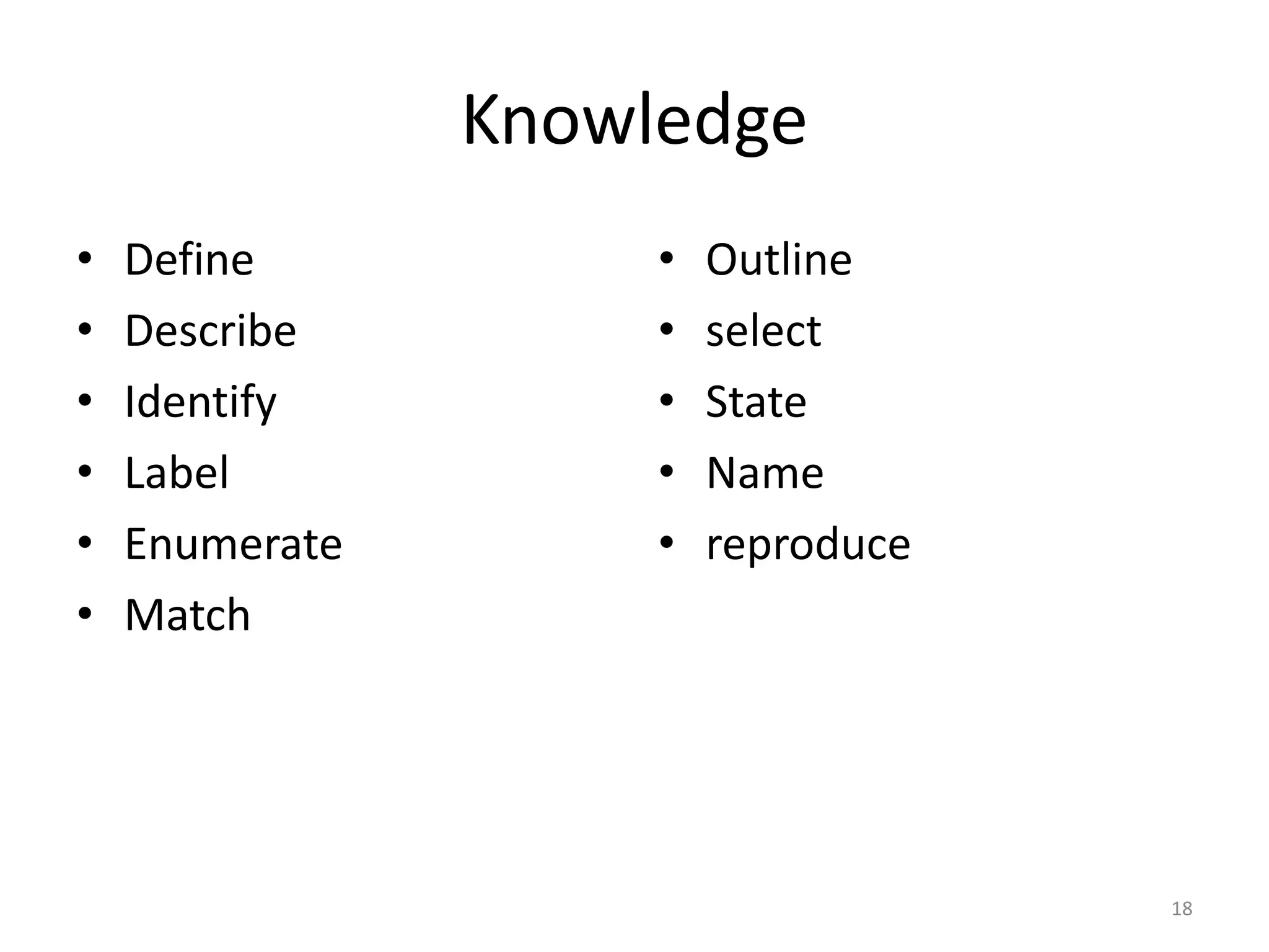Knowledge
• Define
• Describe
• Identify
• Label
• Enumerate
• Match
• Outline
• select
• State
• Name
• reproduce
18
 